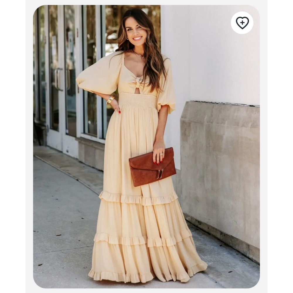 Women’s Yellow Tiered Ruffle Maxi Dress with pockets, Size Small